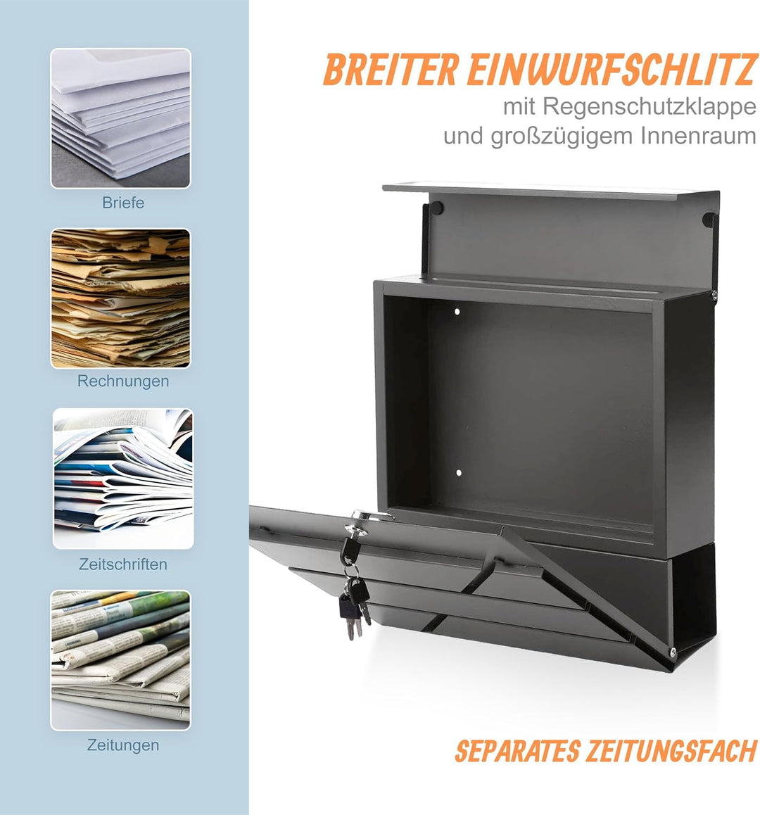 Relaxdays Briefkasten mit Zeitungsfach, HBT: 37 x 37 x 11 cm, DIN C4, wetterfest, 4 Schlüssel, Postk