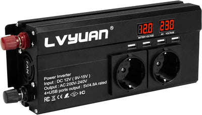 Yinleader Wechselrichter 12V 230V 1500W Spannungswandler mit 2 Steckdose und 4 USB 2 LED 1500Schwarz