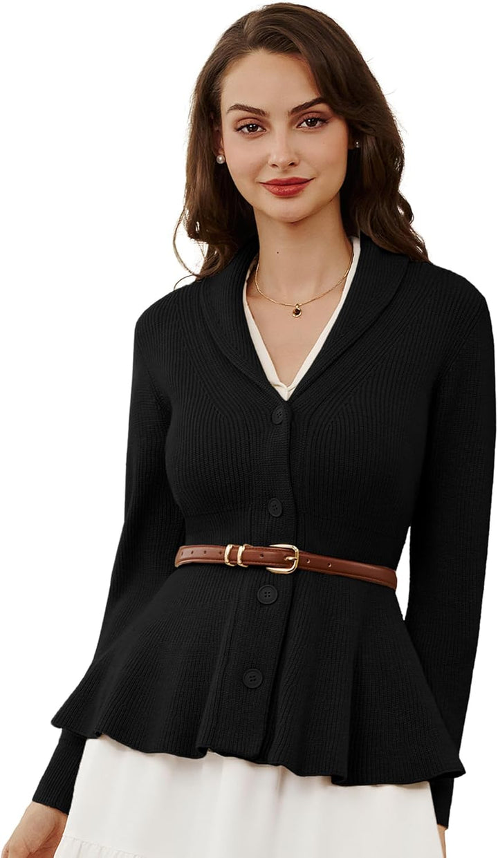 Belle Poque Damen Strickjacke Langarm Reverskragen Cardigan mit Rüschensaum Casual Strickmantel M Sc