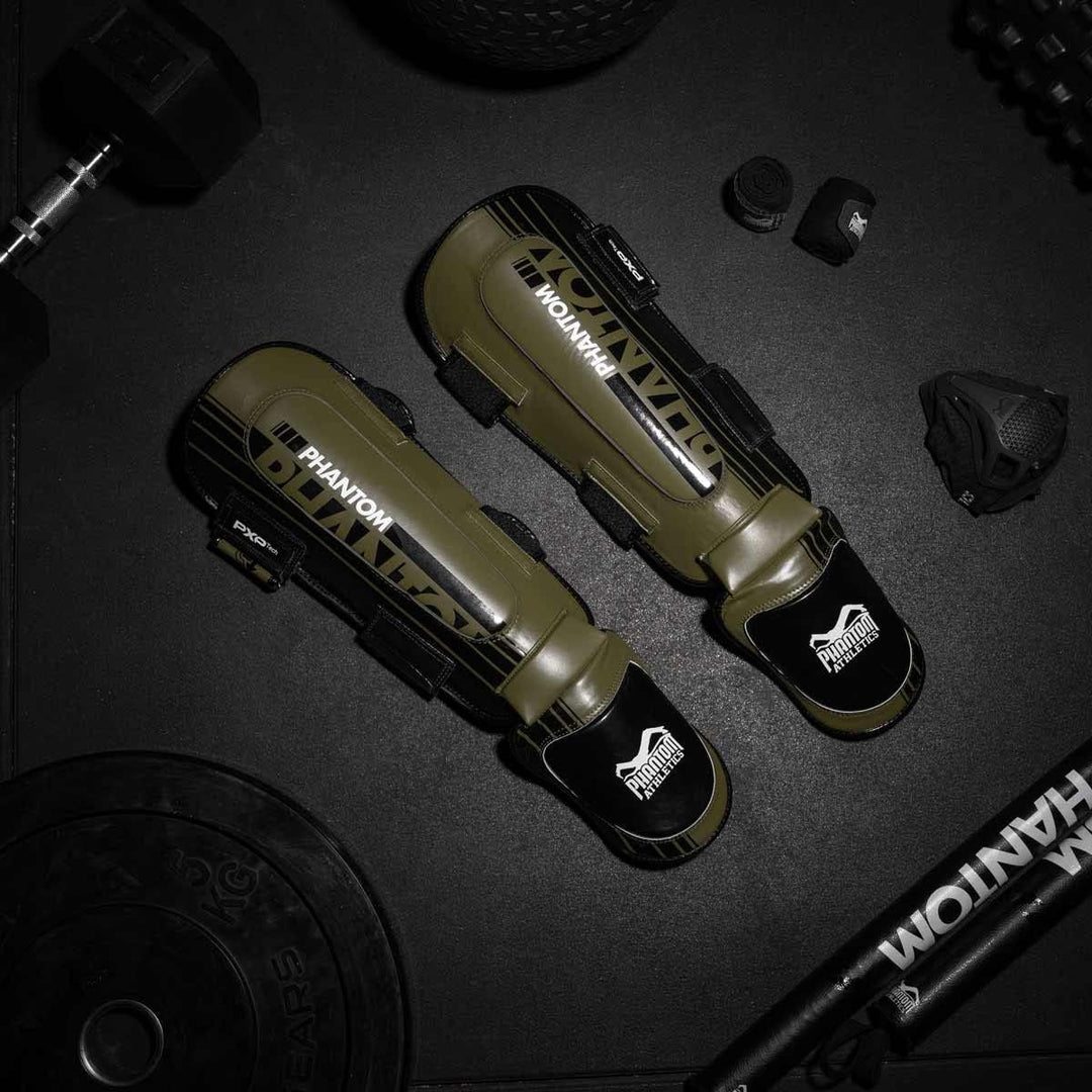 Phantom Schienbeinschoner mit Spannschutz, Kampfsport, MMA, Kickboxen, Muay Thai APEX Hybrid - Army
