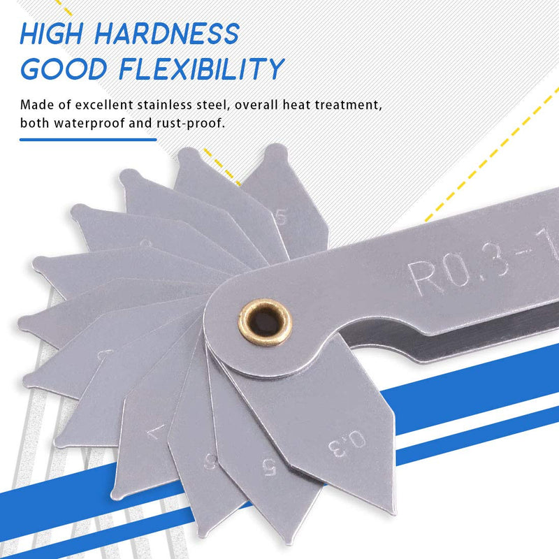 Glarks 4 Pack R0.3-1.5/ R1-6.5/ R7-14.5/ R15-25 Radius Gauge Set, Stainless Steel Radius Fillet Gage