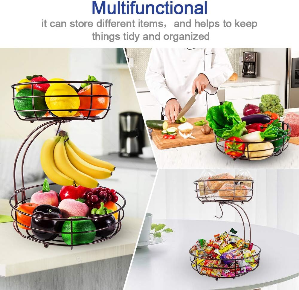 2-stöckiger Obstkorb mit Bananenhalter, Obstschale, Gemüsekorb, aus Metall, stehende tägliche Küchen