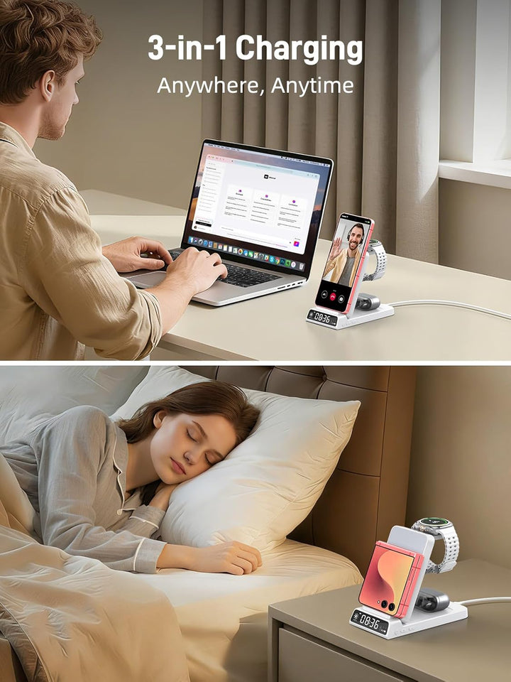 Wireless Charger für Samsung Ladestation 3 in 1 mit Uhr für Samsung Galaxy S26/S25/Z Fold 7/Flip 7/B