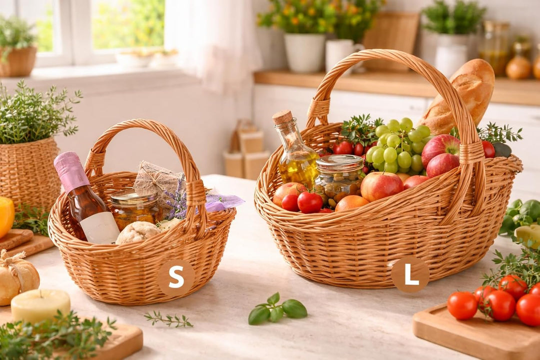 Geschenkkorb S mit Henkel, Weidenkorb Geflochten Natur, Präsentkorb für Geschenke und Ostern, 34 x 2