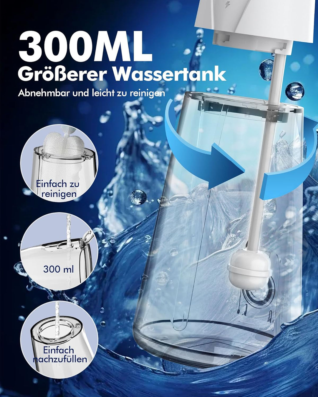 Munddusche Kabellos Water Flosser Zahnreinigung, 5 Modi, USB-C Ladefunktion, 6 Jet-Tipps, 300ML Wass