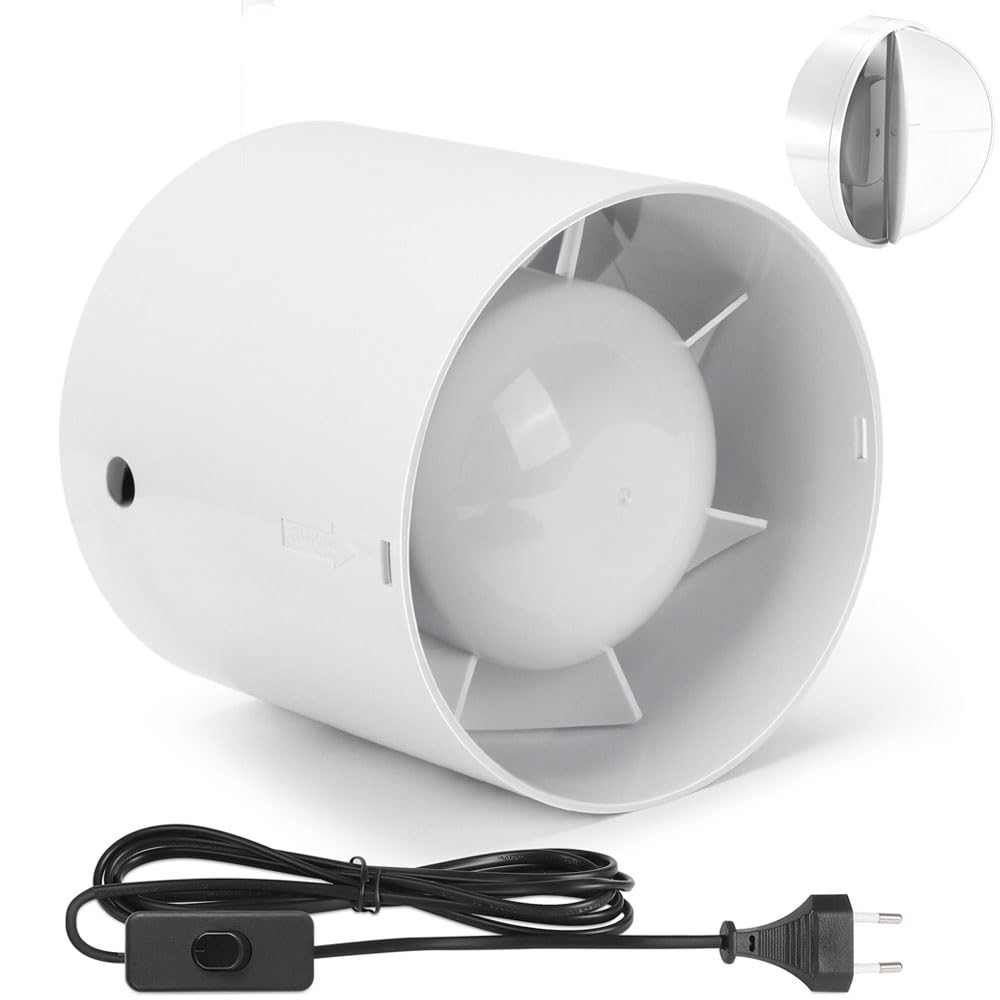 Kanal Rohrventilator 100 mm, inkl. Rückstauklappe, 130 m3/h, Inline-Abluftventilator mit 3 m Netzkab