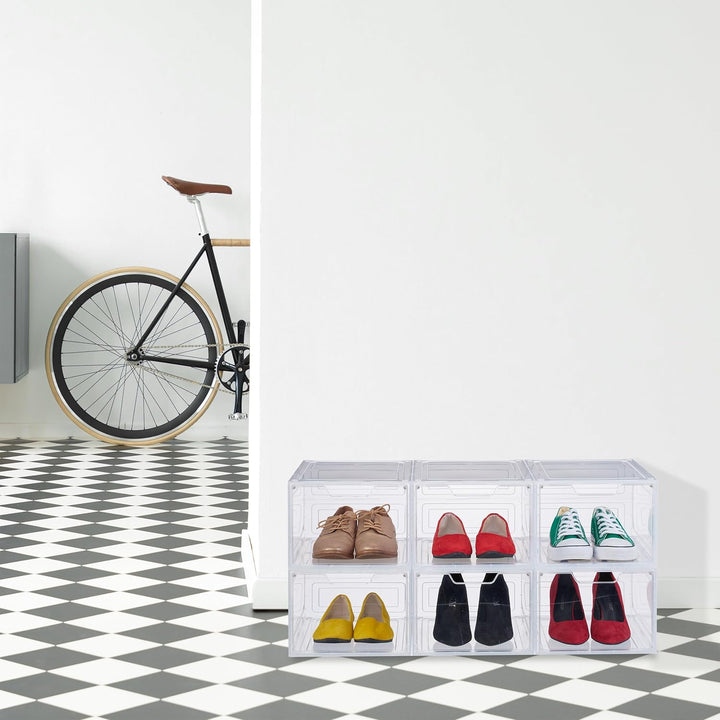 Relaxdays Schuhboxen 6er Set, mit Tür, Schuhorganizer, stapelbar, für Schuhe bis Grösse 50, Sneaker