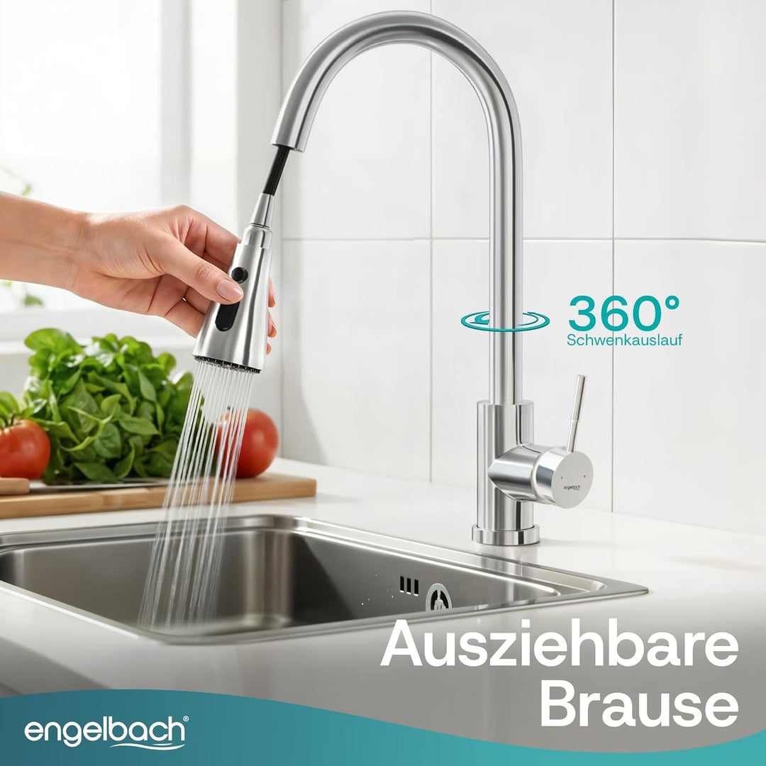 Engelbach® Wasserhahn Küche - ausziehbar & 360 Grad schwenkbar für maximale Reichweite - 304 Edelsta