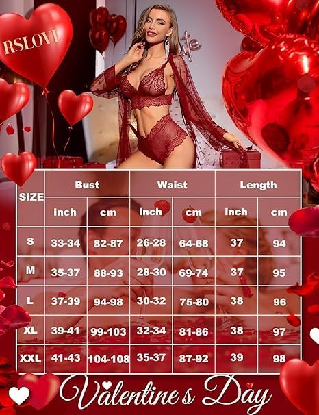 RSLOVE Sexy Dessous Set für Damen 3 teilig Spitzen Kimono mit BH und Höschen XXL Wein Rot, XXL Wein