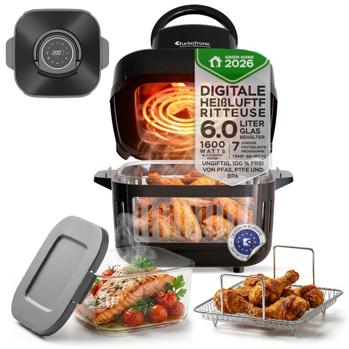 TurboTronic Heissluftfritteuse 6 L - AFG6-1600 W Glas Airfryer – Digitale Heissluft Fritteuse 50–180