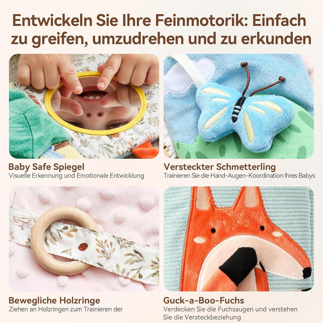 WOODEN TEETHER Babybuch Stoffbuch mit Spiegel, Baby Spielzeug 0-6 Monate Sensorisches Buch - Interak