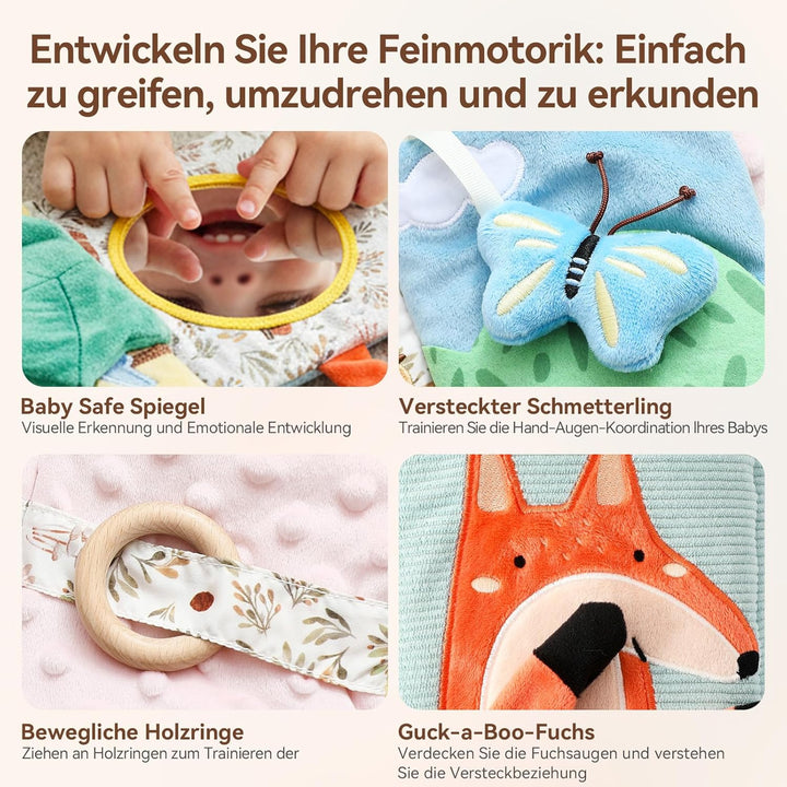WOODEN TEETHER Babybuch Stoffbuch mit Spiegel, Baby Spielzeug 0-6 Monate Sensorisches Buch - Interak