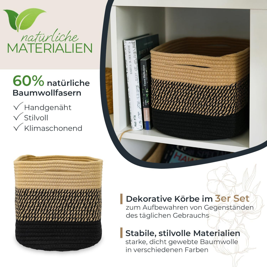 HMF Aufbewahrungskorb mit versteckten Griffen, 3er Set, Korb aus Baumwolle | 37,5 x 25 x 22,5 cm | S