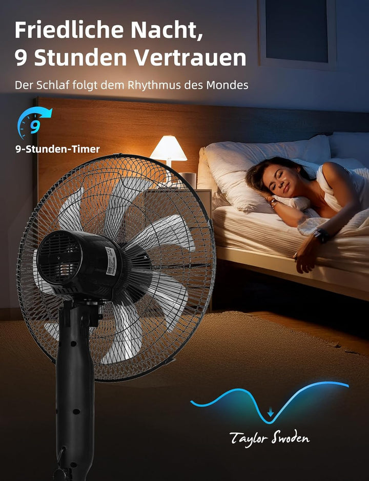 Taylor Swoden Standventilator mit Fernbedienung, Leise, 9h Timer, LED-Anzeige, 7-Flügel, Höhenverste