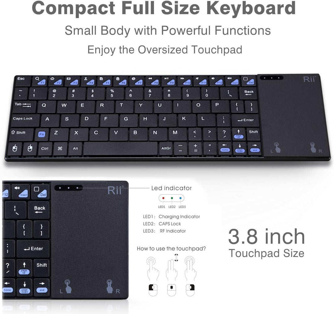 Rii K12+ Mini Wireless Tastatur mit grossem Touchpad Maus &amp; QWERTY Tastatur, Edelstahl, tragbar, kab