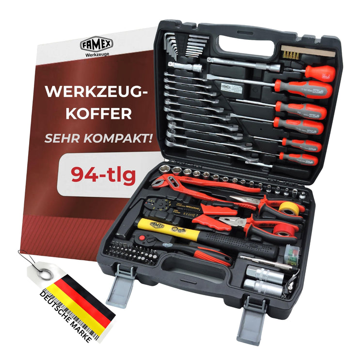 FAMEX 144-50 Werkzeugkoffer gefüllt bestückt mit hochwertigem Werkzeug Set - mit Steckschlüsselsatz,