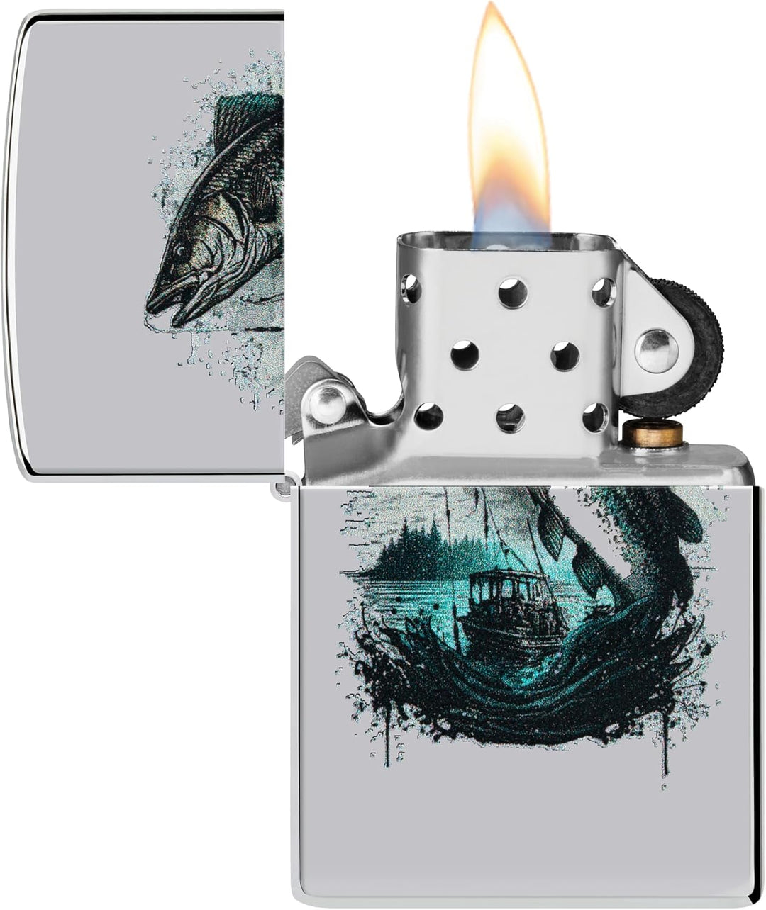 Zippo Sturmfeuerzeug - Fish and Boat, High Polish Chrome, Color Image - Nachfüllbar - Wiederverwendb