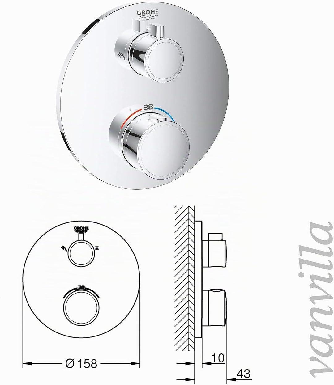 vanvilla Duschsystem mit Unterputz Duscharmatur von Grohe Grohtherm 2-Wege Thermostat und vanvilla R