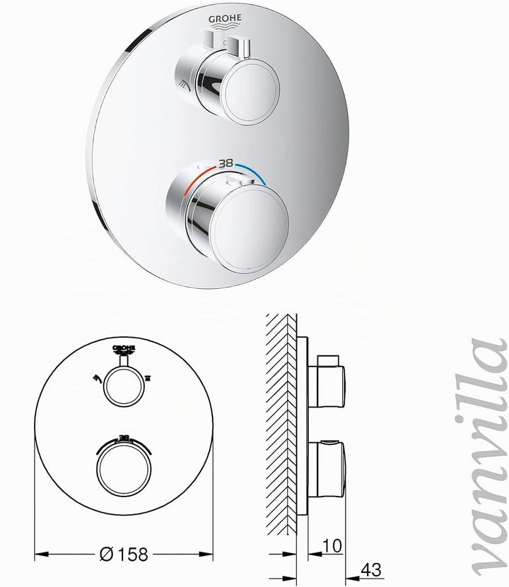 vanvilla Duschsystem mit Unterputz Duscharmatur von Grohe Grohtherm 2-Wege Thermostat und vanvilla R