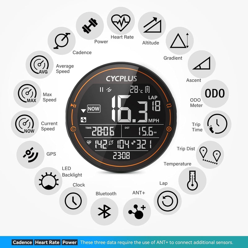 CYCPLUS Fahrradcomputer GPS Fahrradtacho Kabellos, Wasserdicht IPX6 Fahrrad Computer ANT+ Drahtloser