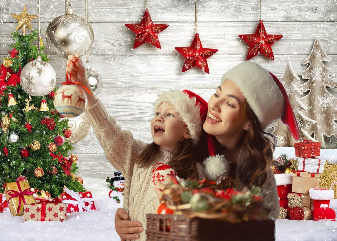 AIIKES 8x6FT Weihnachtshintergrund Weihnachtsbaum Geschenk Hintergrund Weiss Holzbrett Schneeflocke