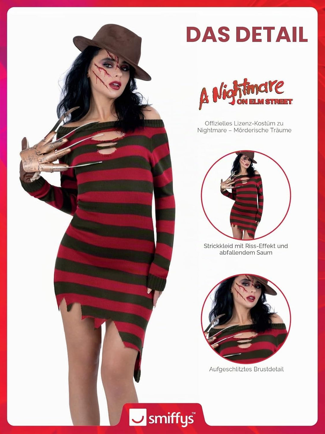 Smiffys A Nightmare On Elm Street Freddy Krueger Strickkleid Erwachsenenkostüm Offiziell lizenzierte