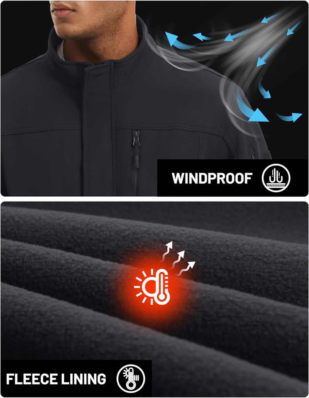 TACVASEN Herren Softshell Jacke Winddichte Warme Fleece Outdoorjacke Übergangsjacke mit Reissverschl