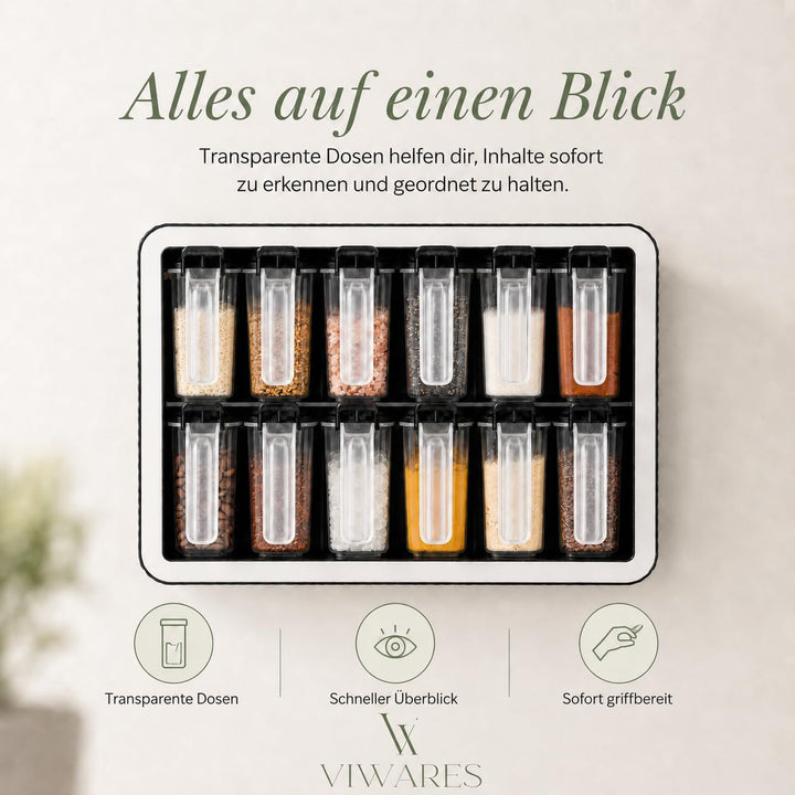 Gewürzdosen 12er Set mit Wandhalterung und Löffeln, Luftdicht, BPA-frei, Transparent, Gewürzdosen fü