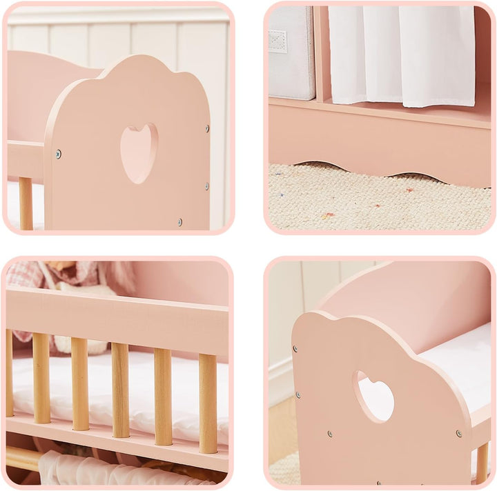 OOOK Puppenbett Holz, Baby Born Bett mit Kleiderschrank, Puppenbett und Puppenkleiderschrank mit 2 A