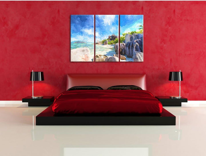 Pixxprint Seychellen Strand Kunst als Leinwandbild/Grösse: 3 Teilig (120x80) cm/Wandbild/Kunstdruck/