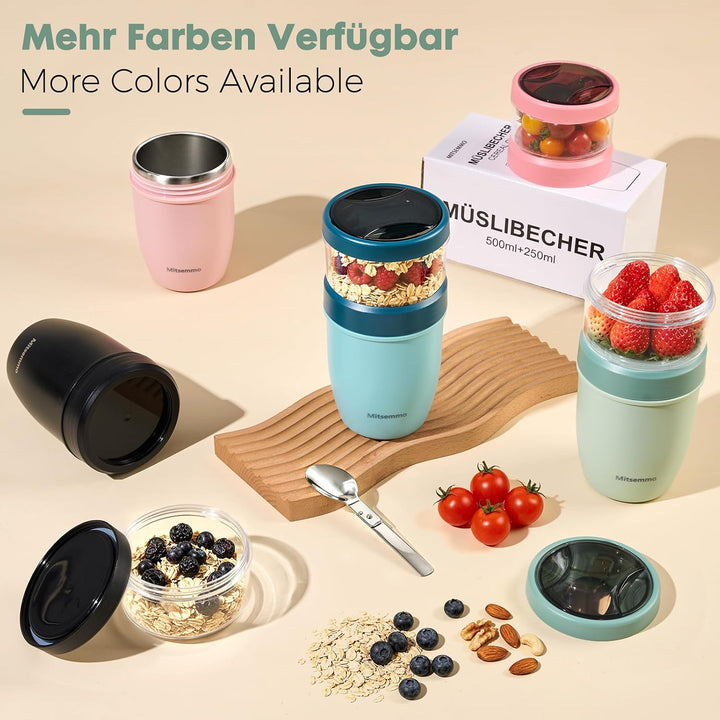 Mitsemmo Edelstahl Müslibecher to Go,Joghurtbecher to Go mit Löffel,Müsli Cup Cornflakes to Go Beche