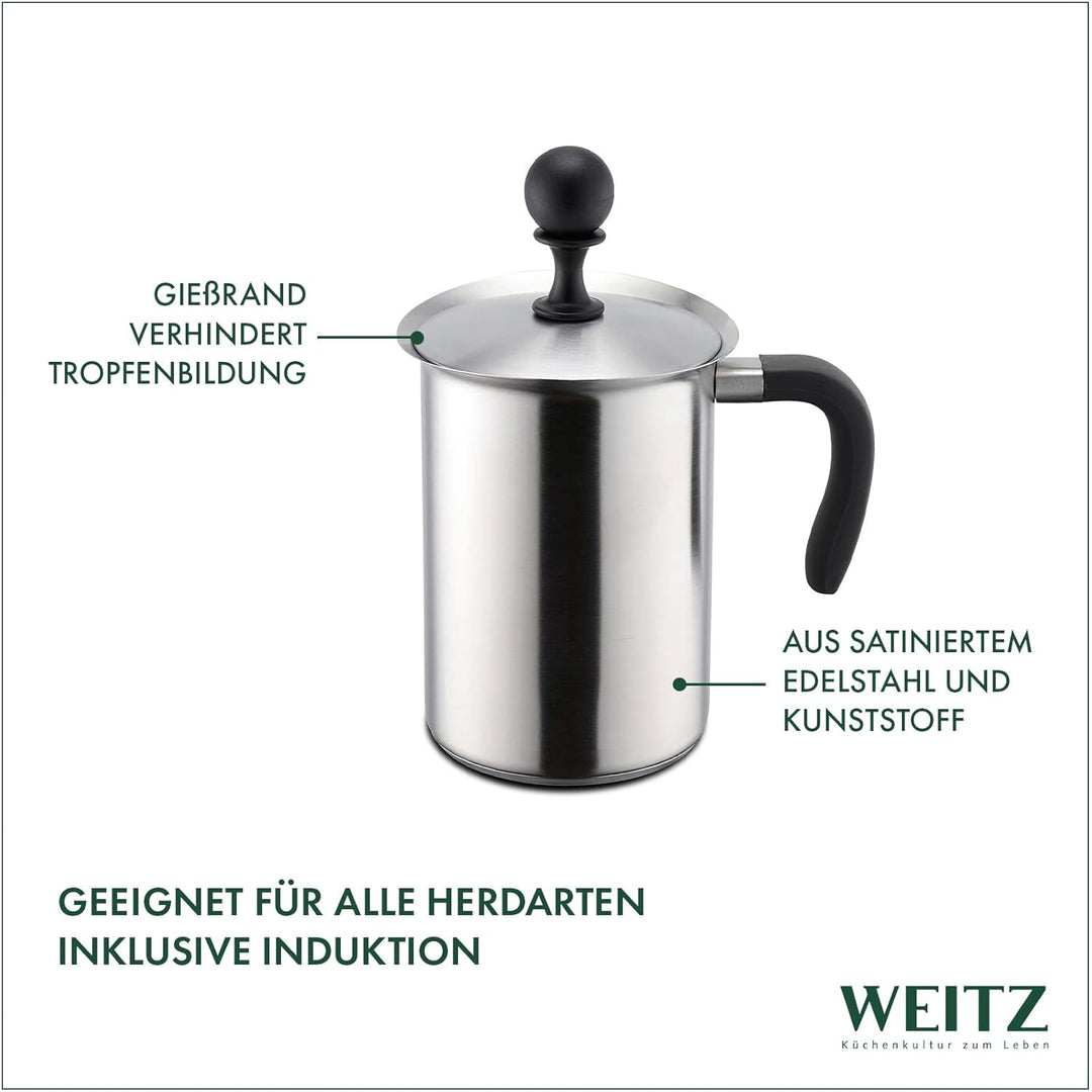 WEITZ Milchaufschäumer manuell, 1000ml Aufschäumbecher mit Kapselboden, induktionsgeeignet, 1,0ltr.