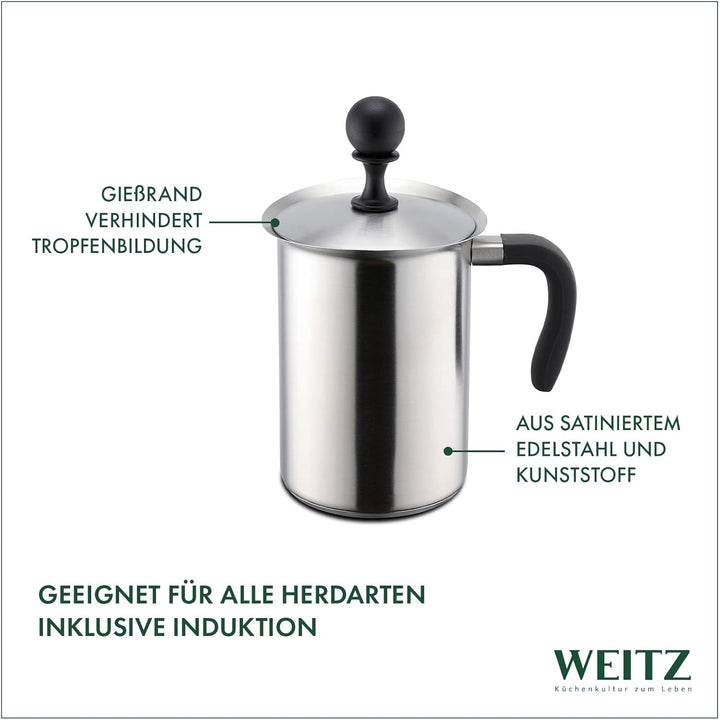 WEITZ Milchaufschäumer manuell, 1000ml Aufschäumbecher mit Kapselboden, induktionsgeeignet, 1,0ltr.
