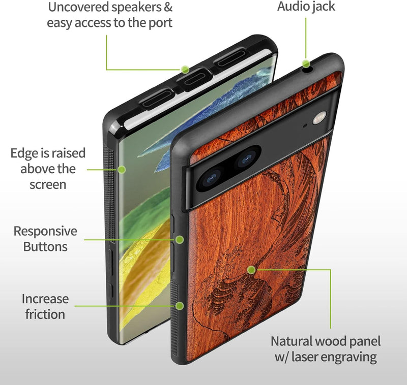 Carveit Holz Handyhülle für Google Pixel 7a Cover [Einzigartiges Design Case] Stossstange hülle Komp