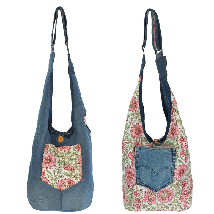 Sunsa Damen nachhaltig Hobo Tasche, Umhängetasche aus recycelte Jeans & Baumwolle. Boho Blumig Cross
