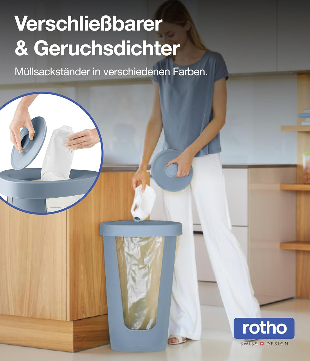 Rotho Fabu Müllsackständer gelber Sack mit Deckel, Kunststoff (PP recycelt), blau, 40 cm 1 x Müllsac