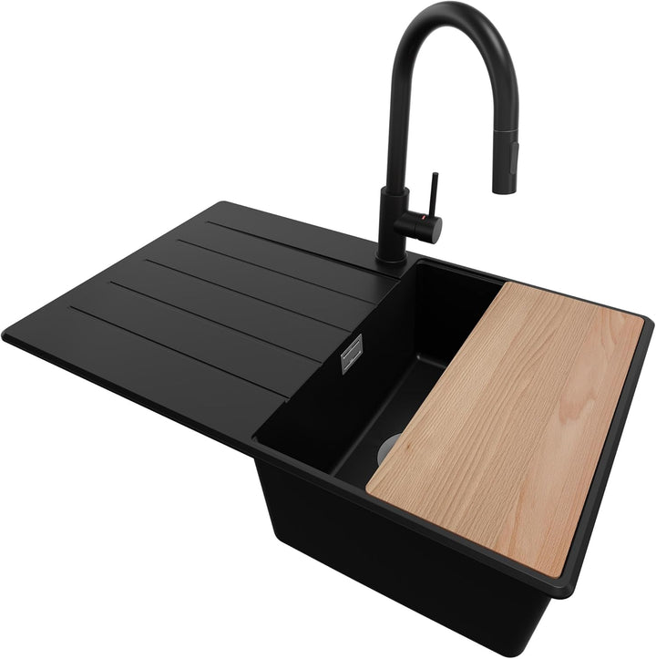 Granitspüle Schwarz 78x50 cm, Spülbecken + Ablauf-Set + Küchenarmatur 9050, Küchenspüle für 45er Unt