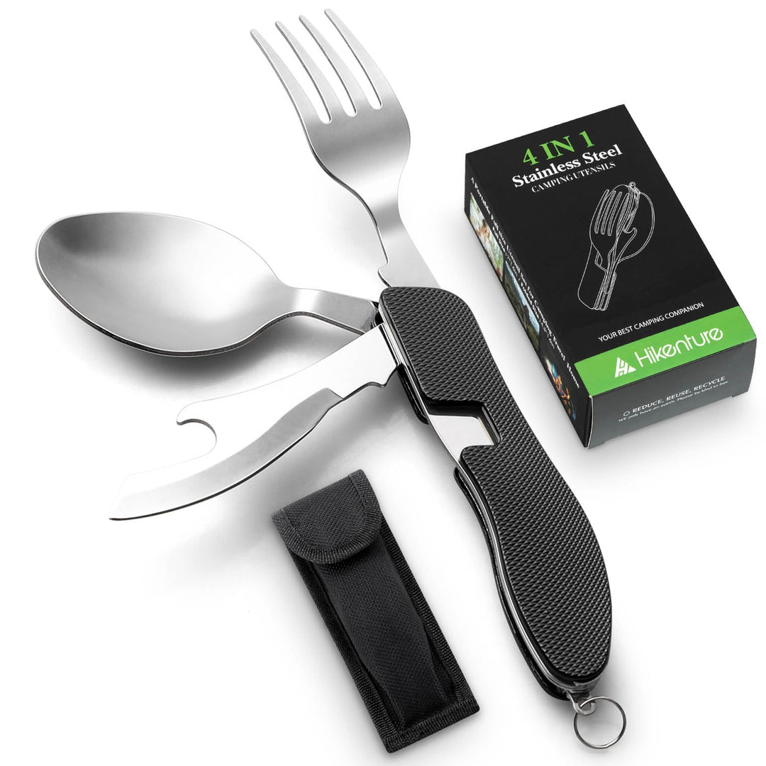 HIKENTURE® Outdoor Campingbesteck Set - Klappbesteck Outdoor Besteck aus Edelstahl mit Gürteltasche