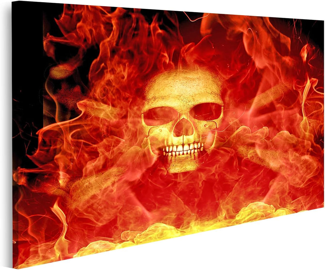 islandburner Bild auf Leinwand Schädel Mit Feuer Rote Flammen Schwarzer Hintergrund Bilder Wandbilde