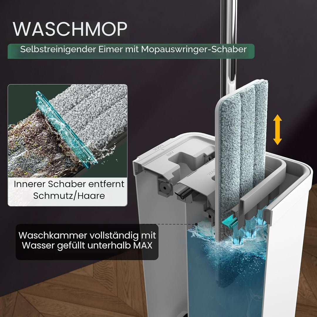 JOYMOOP Wischmopp und Eimer mit Auswringer-Set für Zuhause, weisses, flaches Quetsch-Mopp-Eimer-Set