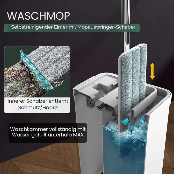 JOYMOOP Wischmopp und Eimer mit Auswringer-Set für Zuhause, weisses, flaches Quetsch-Mopp-Eimer-Set