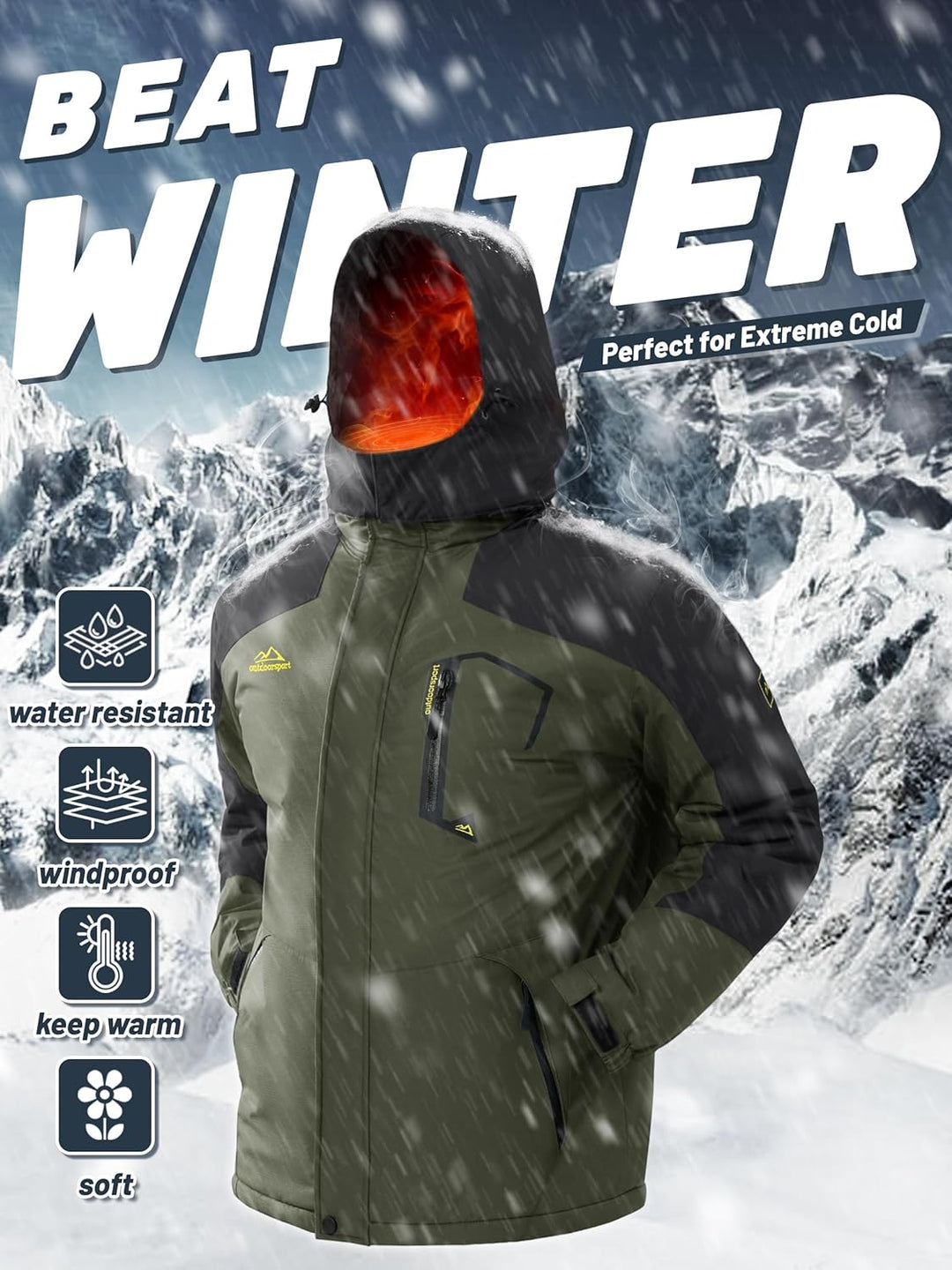TACVASEN Herren Winter Wasserdichte Winddichte Winterjacke Warme Fleece-Futter Ski Regenmantel mit K