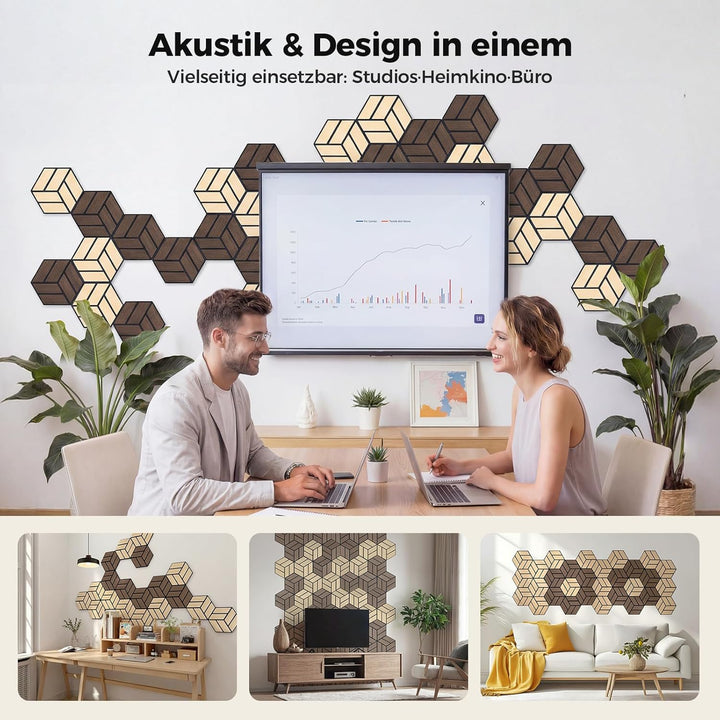 12 Stück Hexagon Akustikplatten Selbstklebend, 30 x 26 x 0,9 cm Hohe Dichte schallabsorber wand, Sch
