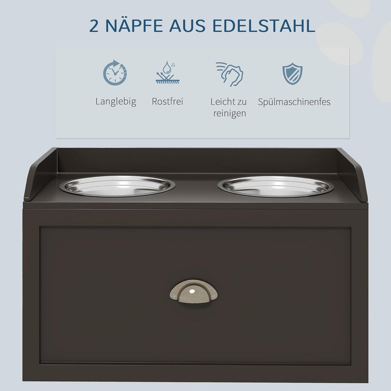 PawHut Hundenapf, 2 x 2L Futternapf, erhöhter Fressnapf mit Schublade, Edelstahlnapf, Futterstation