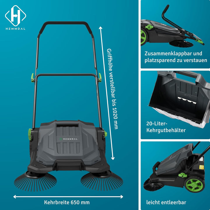 HEMMDAL Kehrmaschine HKM65 manuell | 65 cm Kehrbreite | 2.600 m²/h Kehrleistung | 20 l Behälter | Gr