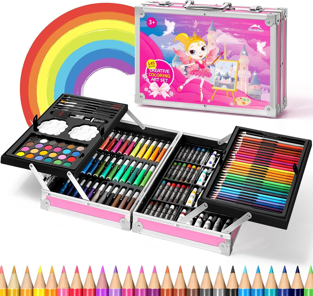 WEEKSUN 145 Stück Malset für Kinder, Deluxe Malkoffer mit Aluminiumbox, für Schloss-Thema, Zeichense
