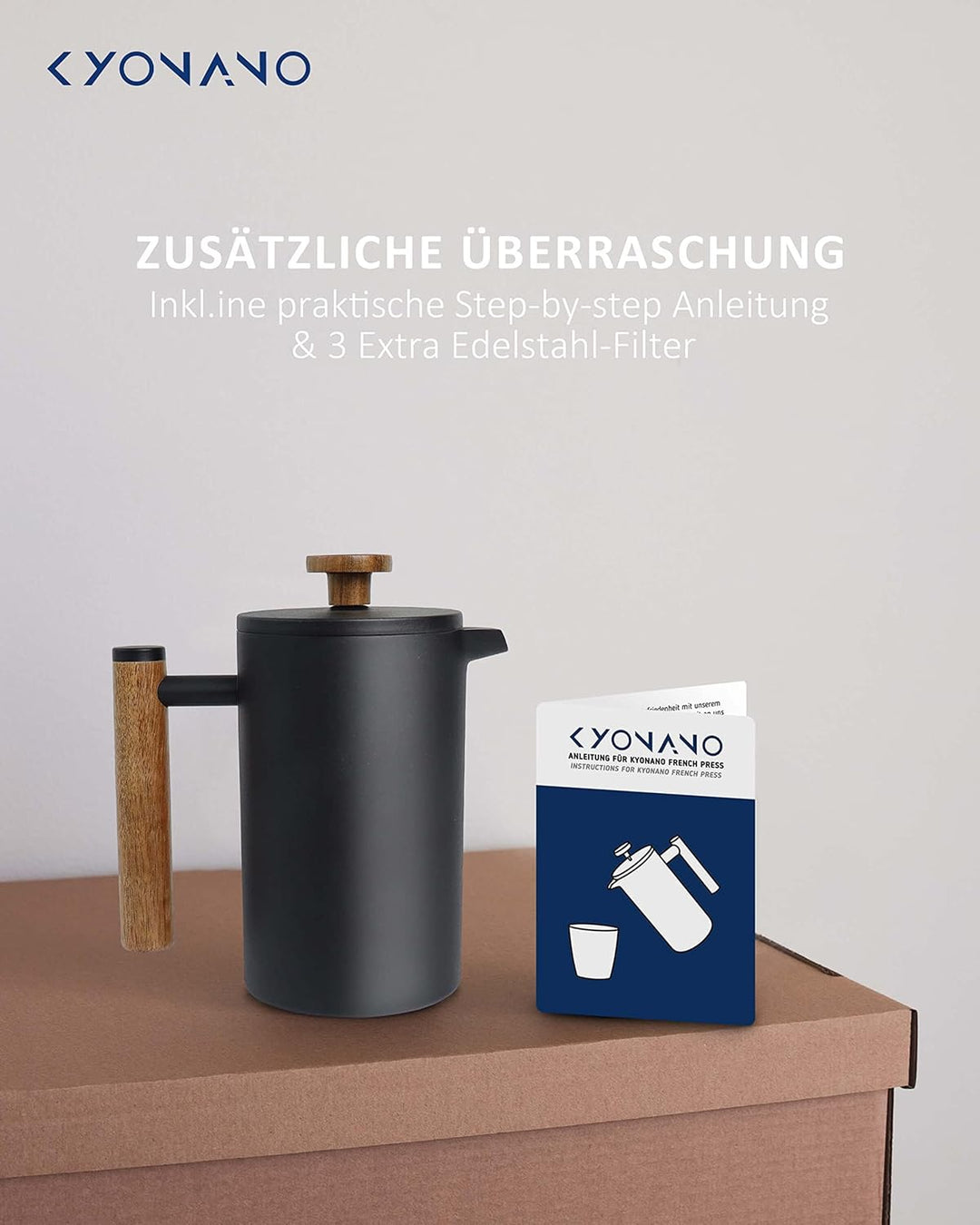 KYONANO French Press 0,6 Liter | Thermo Kaffeebereiter aus Edelstahl, Kaffee Camping für 2-3 Tassen,