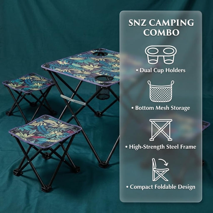 SNZ Campingtisch Klappbar mit 2 Klapphockern, Faltbarer Outdoor Tisch-Set aus Oxford-Nylon, Leicht T