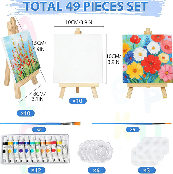 10 Stück Mini Leinwand mit Mini Staffelei, Kleine Leinwände mit Staffelei Klein, 10 Pinseln&12Acrylf