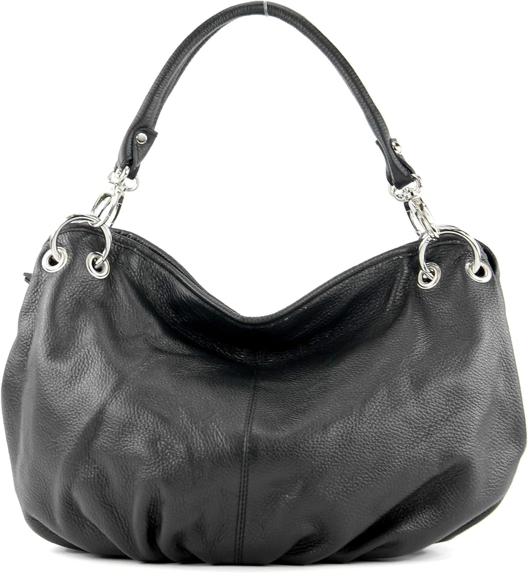 modamoda de - IT40 - ital. Damen Schultertasche aus Leder Schwarz Leder, Schwarz Leder